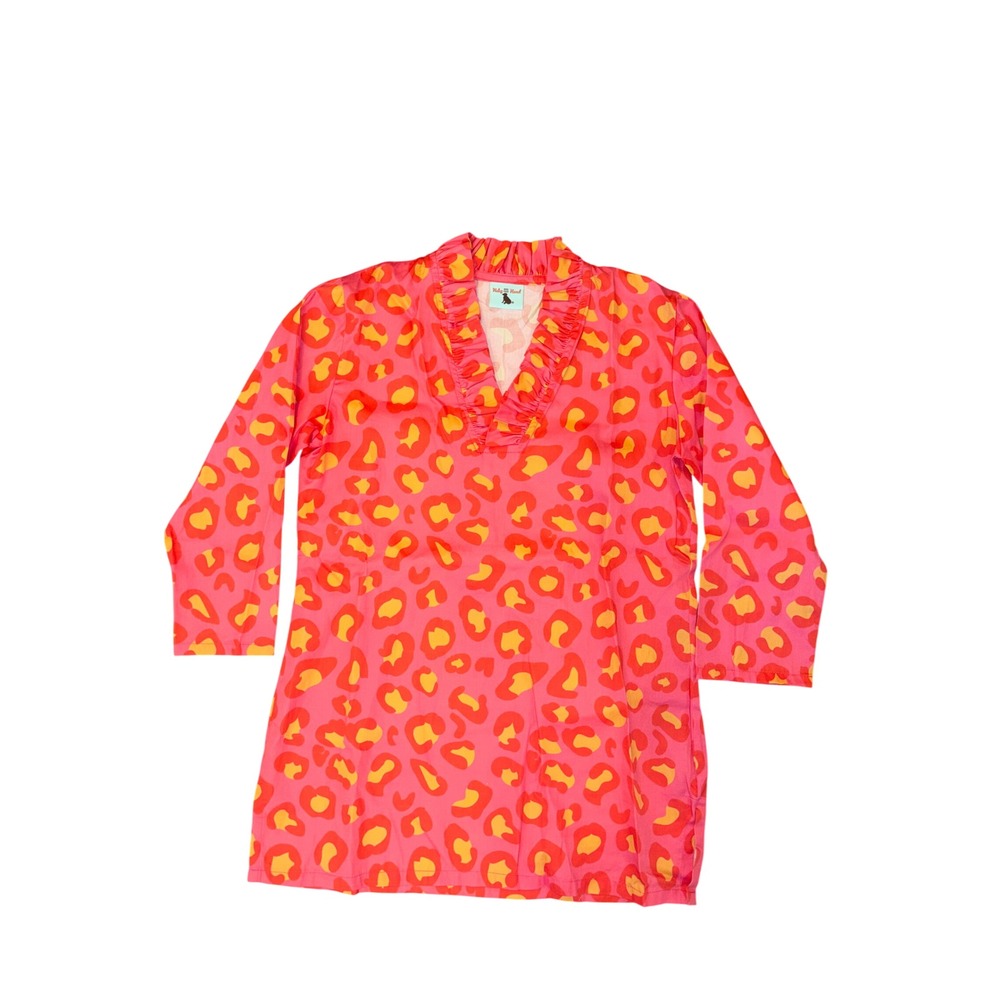 Haley and The Hound Tunic Medium Pink Orange Leopard Ruffle Neck Preppy Coastal